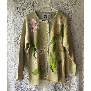 Storybook Knits Sweater Cardigan Large Flowers Embroidered‎ Beaded Beige